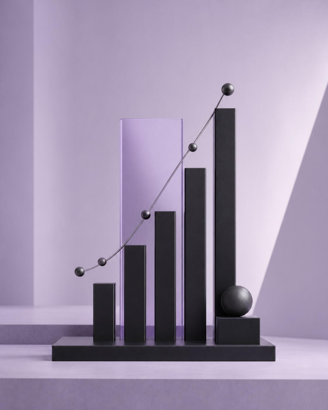 Sculptural black data bars in a lavender studio