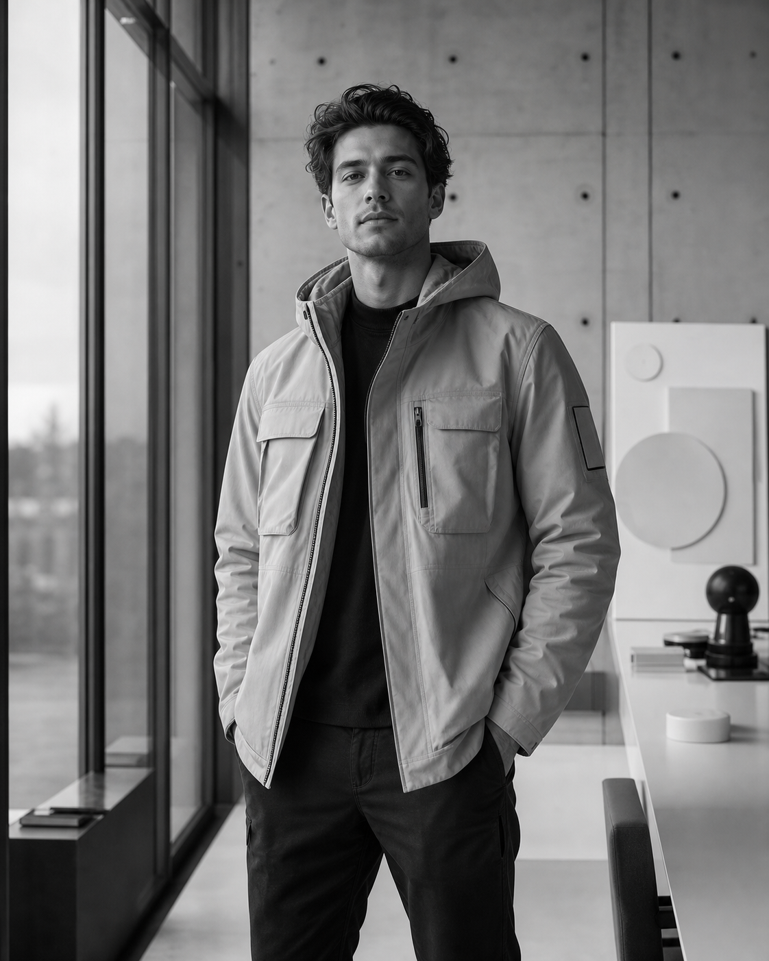 Digital creator in a structured technical jacket
